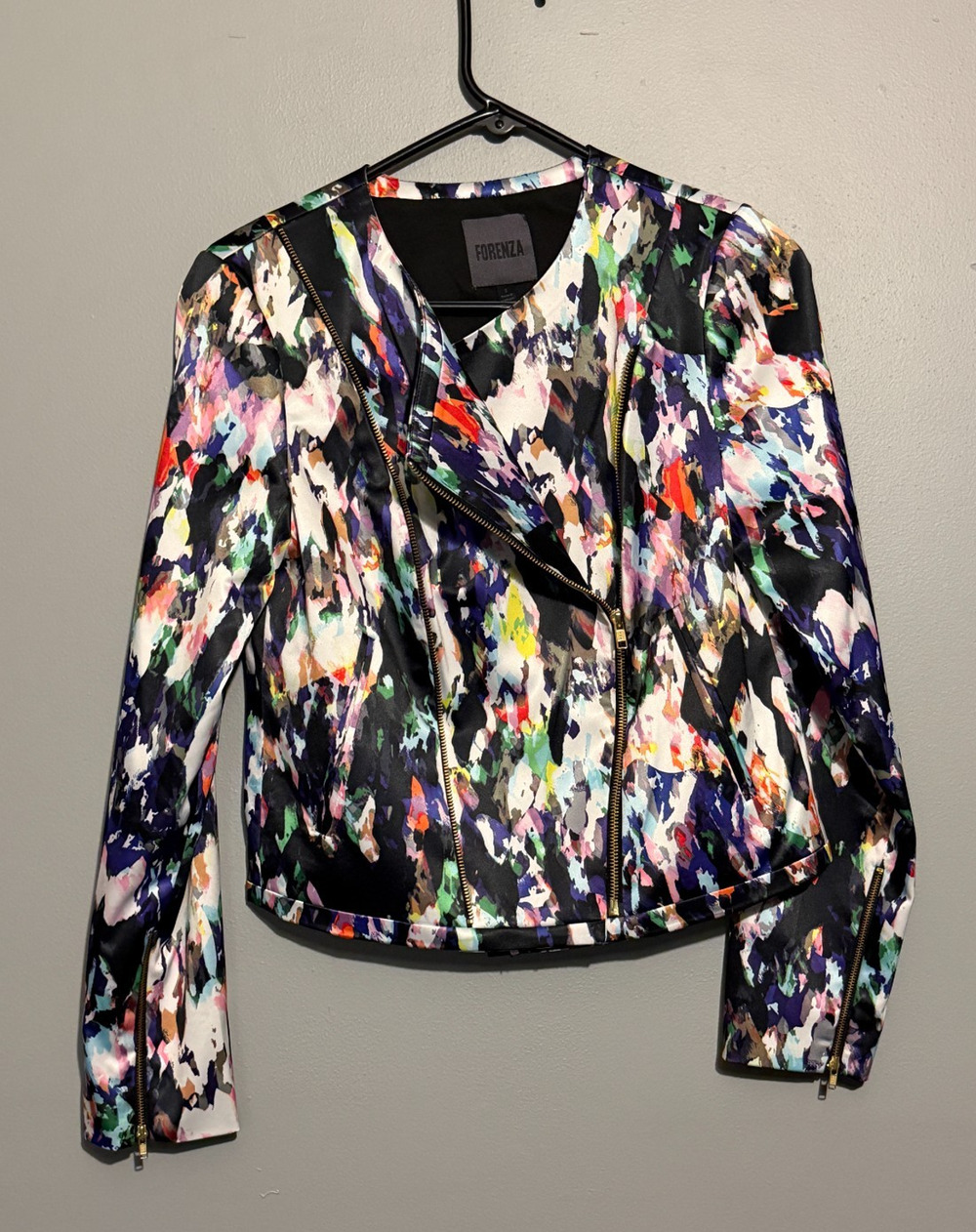 Forenza Floral Abstract Moto Jacket Size Small Multicolor Cropped